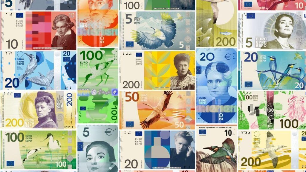 Billetes nuevos de Euro que se pueden votar públicamente.